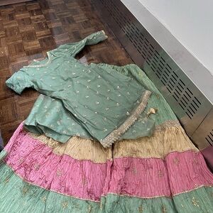 Green and Pink Embroidered Traditional Outfit